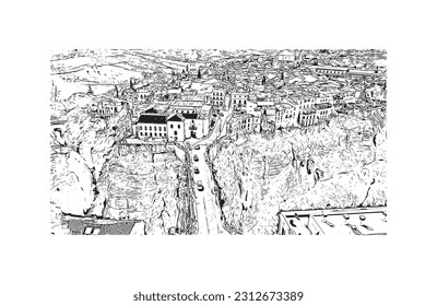 Building view with landmark of   Ronda is a city in Spain. Hand drawn sketch illustration in vector.