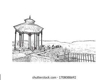 Building view with landmark of Ronda is a mountaintop city in Spain’s Malaga province that’s set dramatically above a deep gorge. Hand drawn sketch illustration in vector.