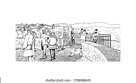 Building view with landmark of Ronda is a mountaintop city in Spain’s Malaga province that’s set dramatically above a deep gorge. Hand drawn sketch illustration in vector.