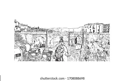 Building view with landmark of Ronda is a mountaintop city in Spain’s Malaga province that’s set dramatically above a deep gorge. Hand drawn sketch illustration in vector.