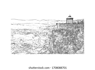 Building view with landmark of Ronda is a mountaintop city in Spain’s Malaga province that’s set dramatically above a deep gorge. Hand drawn sketch illustration in vector.