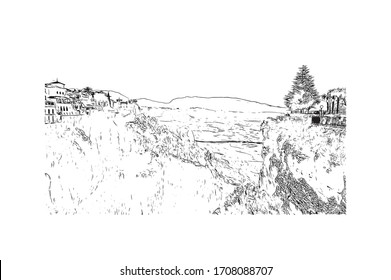 Building view with landmark of Ronda is a mountaintop city in Spain’s Malaga province that’s set dramatically above a deep gorge. Hand drawn sketch illustration in vector.