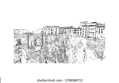 Building view with landmark of Ronda is a mountaintop city in Spain’s Malaga province that’s set dramatically above a deep gorge. Hand drawn sketch illustration in vector.