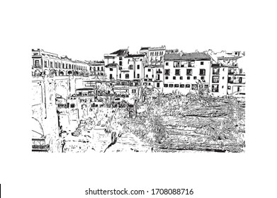 Building view with landmark of Ronda is a mountaintop city in Spain’s Malaga province that’s set dramatically above a deep gorge. Hand drawn sketch illustration in vector.