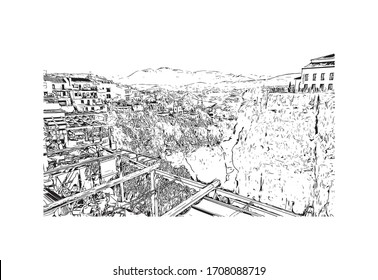 Building view with landmark of Ronda is a mountaintop city in Spain’s Malaga province that’s set dramatically above a deep gorge. Hand drawn sketch illustration in vector.