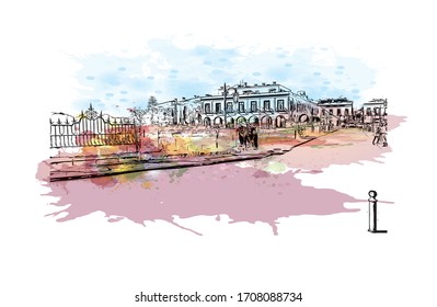 Building view with landmark of Ronda is a mountaintop city in Spain’s Malaga province that’s set dramatically above a deep gorge. Watercolor splash Hand drawn sketch illustration in vector.