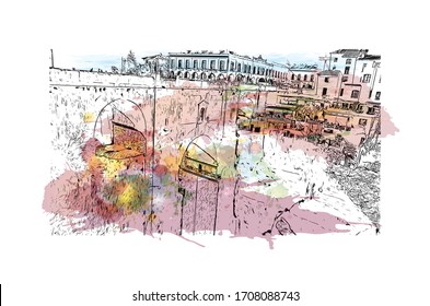 Building view with landmark of Ronda is a mountaintop city in Spain’s Malaga province that’s set dramatically above a deep gorge. Watercolor splash Hand drawn sketch illustration in vector.