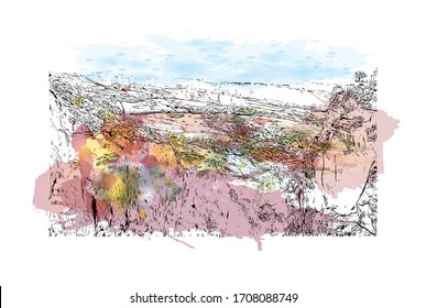 Building view with landmark of Ronda is a mountaintop city in Spain’s Malaga province that’s set dramatically above a deep gorge. Watercolor splash Hand drawn sketch illustration in vector.