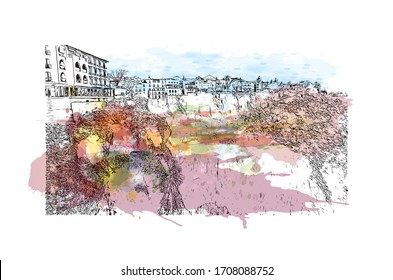 Building view with landmark of Ronda is a mountaintop city in Spain’s Malaga province that’s set dramatically above a deep gorge. Watercolor splash Hand drawn sketch illustration in vector.