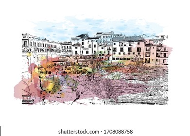 Building view with landmark of Ronda is a mountaintop city in Spain’s Malaga province that’s set dramatically above a deep gorge. Watercolor splash Hand drawn sketch illustration in vector.