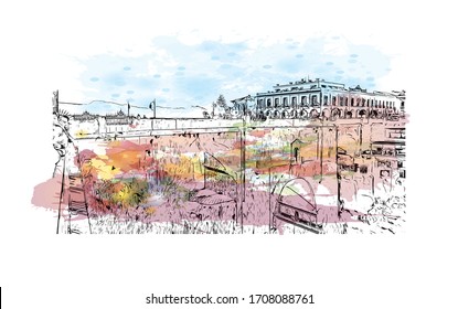 Building view with landmark of Ronda is a mountaintop city in Spain’s Malaga province that’s set dramatically above a deep gorge. Watercolor splash Hand drawn sketch illustration in vector.