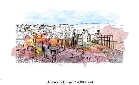 Building view with landmark of Ronda is a mountaintop city in Spain’s Malaga province that’s set dramatically above a deep gorge. Watercolor splash Hand drawn sketch illustration in vector.