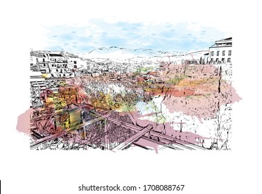 Building view with landmark of Ronda is a mountaintop city in Spain’s Malaga province that’s set dramatically above a deep gorge. Watercolor splash Hand drawn sketch illustration in vector.