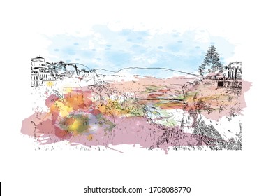 Building view with landmark of Ronda is a mountaintop city in Spain’s Malaga province that’s set dramatically above a deep gorge. Watercolor splash Hand drawn sketch illustration in vector.