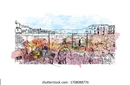 Building view with landmark of Ronda is a mountaintop city in Spain’s Malaga province that’s set dramatically above a deep gorge. Watercolor splash Hand drawn sketch illustration in vector.