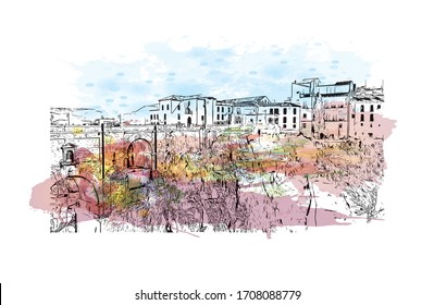 Building view with landmark of Ronda is a mountaintop city in Spain’s Malaga province that’s set dramatically above a deep gorge. Watercolor splash Hand drawn sketch illustration in vector.