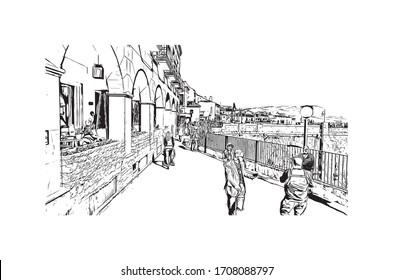 Building view with landmark of Ronda is a mountaintop city in Spain’s Malaga province that’s set dramatically above a deep gorge. Hand drawn sketch illustration in vector.