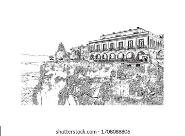 Building view with landmark of Ronda is a mountaintop city in Spain’s Malaga province that’s set dramatically above a deep gorge. Hand drawn sketch illustration in vector.