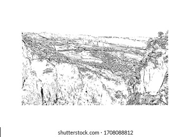 Building view with landmark of Ronda is a mountaintop city in Spain’s Malaga province that’s set dramatically above a deep gorge. Hand drawn sketch illustration in vector.