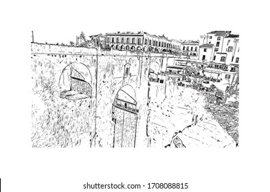 Building view with landmark of Ronda is a mountaintop city in Spain’s Malaga province that’s set dramatically above a deep gorge. Hand drawn sketch illustration in vector.