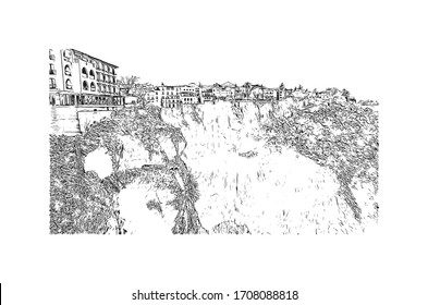 Building view with landmark of Ronda is a mountaintop city in Spain’s Malaga province that’s set dramatically above a deep gorge. Hand drawn sketch illustration in vector.