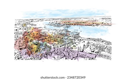 Building view with landmark of Rostock is the city in Germany.
Watercolor splash with hand drawn sketch illustration in vector.