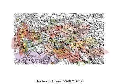 Building view with landmark of Rostock is the city in Germany.
Watercolor splash with hand drawn sketch illustration in vector.