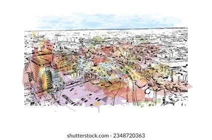 Building view with landmark of Rostock is the city in Germany.
Watercolor splash with hand drawn sketch illustration in vector.