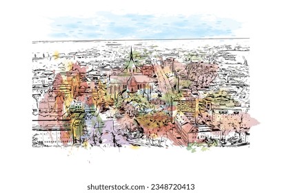 Building view with landmark of Rostock is the city in Germany.
Watercolor splash with hand drawn sketch illustration in vector.