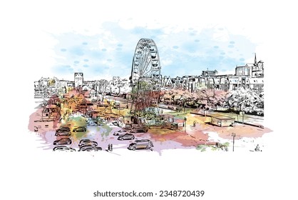 Building view with landmark of Rostock is the city in Germany.
Watercolor splash with hand drawn sketch illustration in vector.