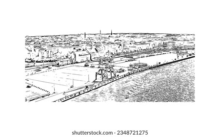 Building view with landmark of Rostock is the city in Germany.
Hand drawn sketch illustration in vector.