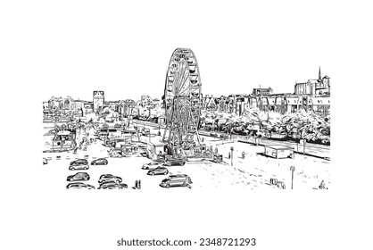 Building view with landmark of Rostock is the city in Germany.
Hand drawn sketch illustration in vector.