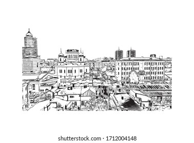 Building view with landmark of Rostov-on-Don is a city in southern Russia. Hand drawn sketch illustration in vector.