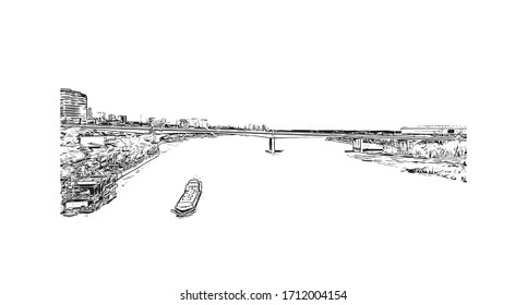 Building view with landmark of Rostov-on-Don is a city in southern Russia. Hand drawn sketch illustration in vector.