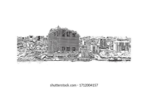 Building view with landmark of Rostov-on-Don is a city in southern Russia. Hand drawn sketch illustration in vector.