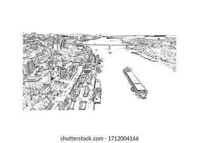 Building view with landmark of Rostov-on-Don is a city in southern Russia. Hand drawn sketch illustration in vector.