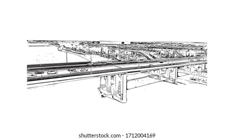 Building view with landmark of Rostov-on-Don is a city in southern Russia. Hand drawn sketch illustration in vector.
