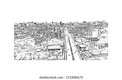 Building view with landmark of Rostov-on-Don is a city in southern Russia. Hand drawn sketch illustration in vector.