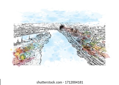 Building view with landmark of Rostov-on-Don is a city in southern Russia. Watercolor splash with Hand drawn sketch illustration in vector.