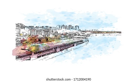 Building view with landmark of Rostov-on-Don is a city in southern Russia. Watercolor splash with Hand drawn sketch illustration in vector.