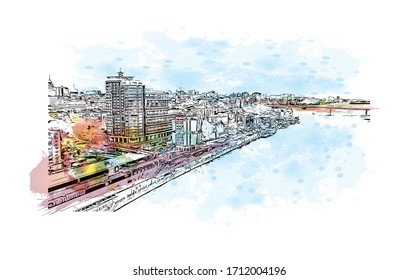 Building view with landmark of Rostov-on-Don is a city in southern Russia. Watercolor splash with Hand drawn sketch illustration in vector.