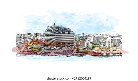 Building view with landmark of Rostov-on-Don is a city in southern Russia. Watercolor splash with Hand drawn sketch illustration in vector.