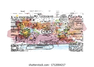 Building view with landmark of Rostov-on-Don is a city in southern Russia. Watercolor splash with Hand drawn sketch illustration in vector.