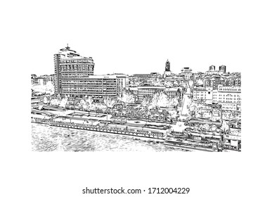 Building view with landmark of Rostov-on-Don is a city in southern Russia. Hand drawn sketch illustration in vector.