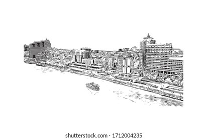 Building view with landmark of Rostov-on-Don is a city in southern Russia. Hand drawn sketch illustration in vector.