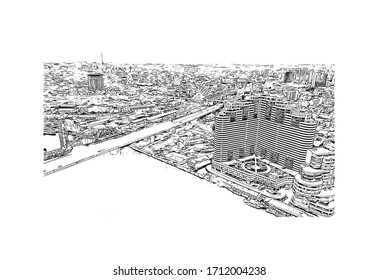 Building view with landmark of Rostov-on-Don is a city in southern Russia. Hand drawn sketch illustration in vector.