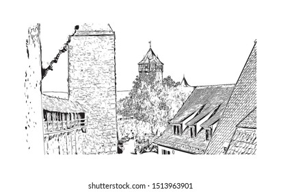 Building view with landmark of Rothenburg ob der Tauber is a town in the district of Ansbach of Mittelfranken, the Franconia region of Bavaria, Germany. Hand drawn sketch in vector.