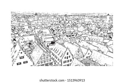 Building view with landmark of Rothenburg ob der Tauber is a town in the district of Ansbach of Mittelfranken, the Franconia region of Bavaria, Germany. Hand drawn sketch in vector.