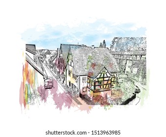 Building view with landmark of Rothenburg ob der Tauber is a town in the district of Ansbach of Mittelfranken, the Franconia region of Bavaria, Germany. Watercolor splash Hand drawn sketch in vector.