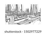 Building view with landmark of Rotterdam is a major port city in the Dutch province of South Holland. Hand drawn sketch illustration in vector.